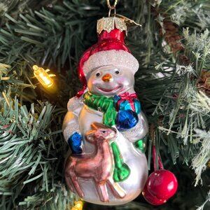 Vintage Thomas Pacconi Hand Blown Ornament Snowman and Deer